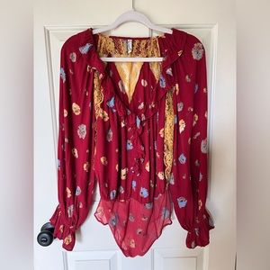 Free People Red Floral and Lace body suit BoHo blouse - XS